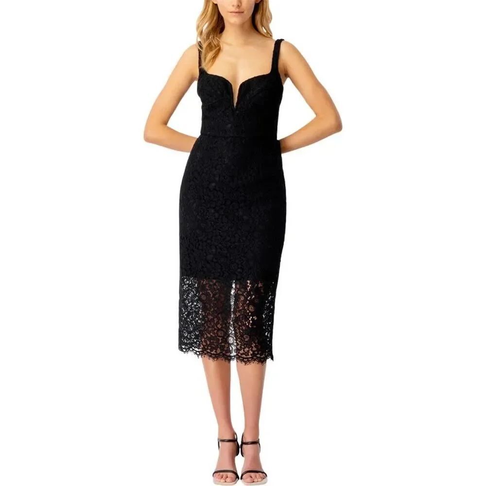 Bardot Adeline Midi Dress Women's 6 Black Sheath Sleeveless Plunge Neck NWT
